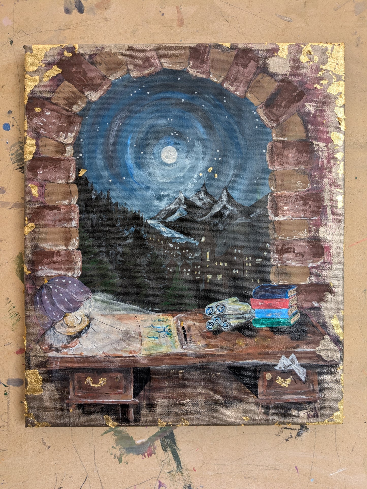 Original painting Starlight city beyond the window